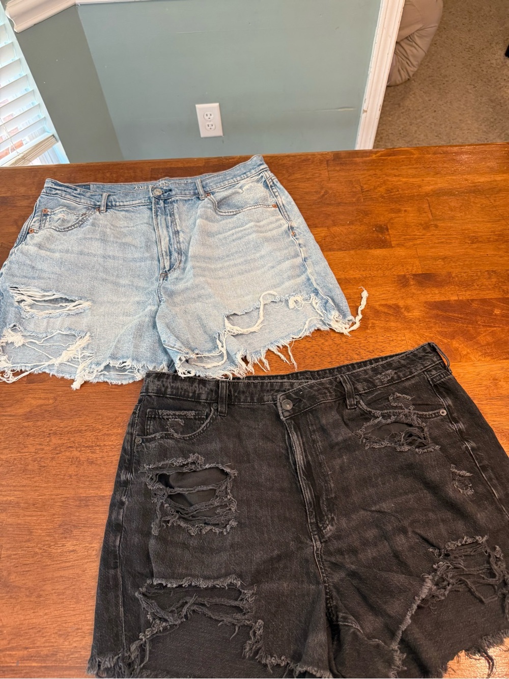 American Eagle Outfitters Distressed Denim Shorts in Light Blue and Black